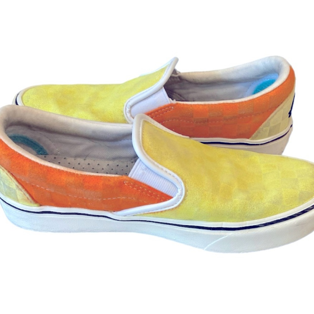 RARE Vans Penn Tennis Sneakers Neon Yellow Orange Checkerboard Slip On Shoes 5.5